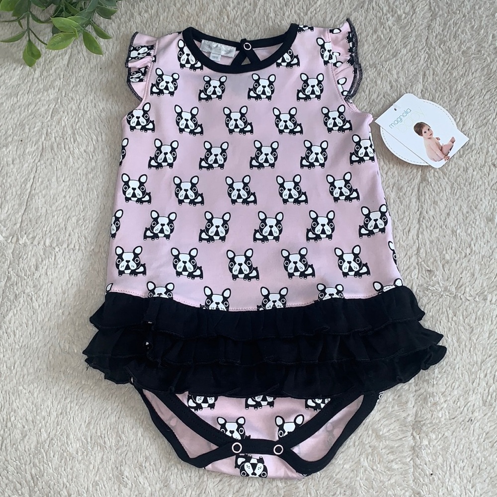 NWT Magnolia Baby Ruffle Bodysuit Bubble 18M Pink and Black French Bulldog